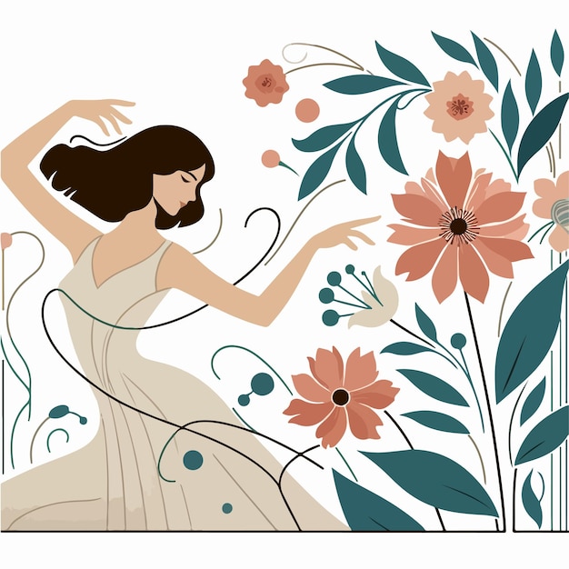 cartoon of a beautiful woman dancing with floral ornaments in art nouveau style