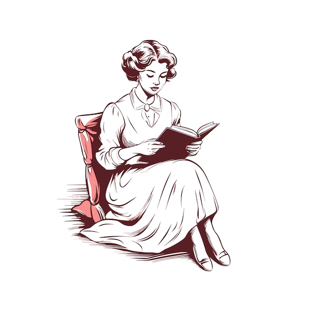 Cartoon beautiful woman reading a book HD Contour Flat Color Cartoon