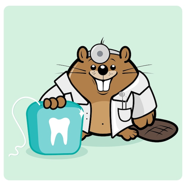 Cartoon beaver holding a toothbrush and a dental floss Beaver dentist doctor Vector Illustration