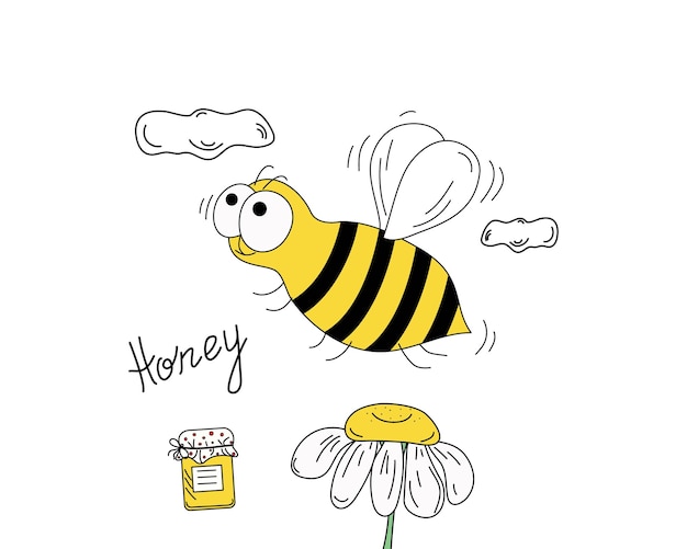 Vector cartoon bee jar of honey flower cheerful insect hand lettering drawing doodle