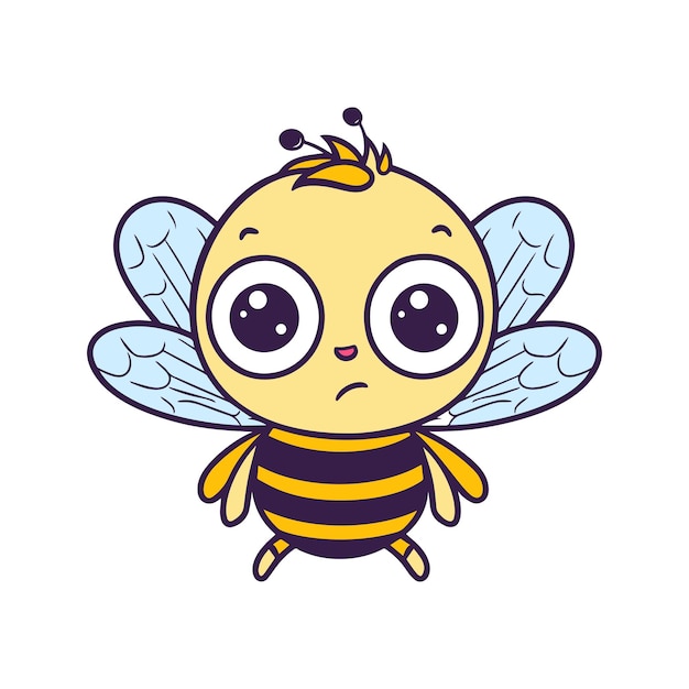 A cartoon bee with big eyes sits on a white background.