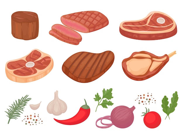 Vector cartoon beef steaks. grilled steak, beef meats and filet mignon.