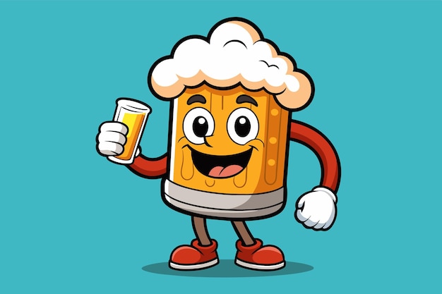 Vector a cartoon beer character stands with a friendly smile holding a glass of beer the vibrant blue background enhances the playful cheerful atmosphere