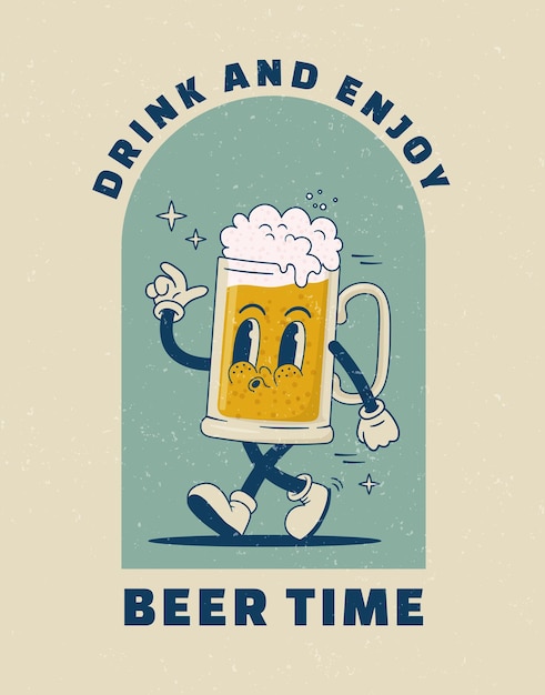 Cartoon beer mug character in retro 70s style Vector illustration