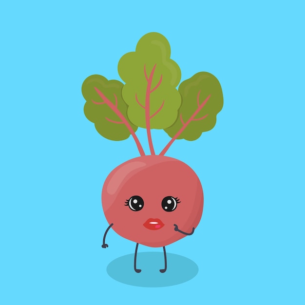 Cartoon beet with cute face Illustration with funny and healthy food Isolated on blue background Vegan concept