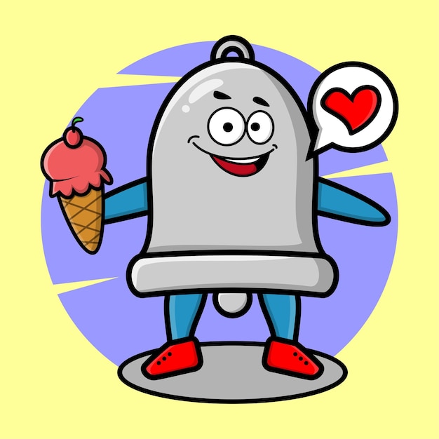 Cartoon bell mascot holding ice cream cone cute style design for t-shirt, sticker, logo element