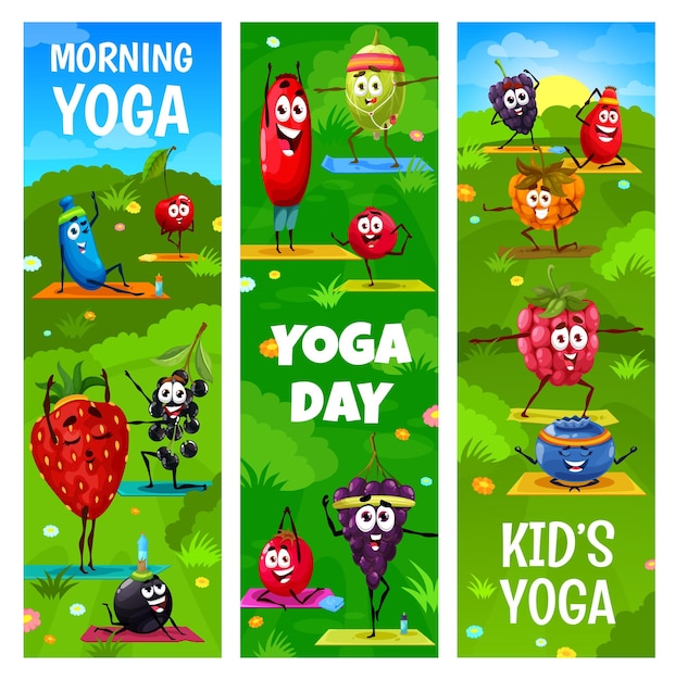 Cartoon berry characters on yoga fitness class