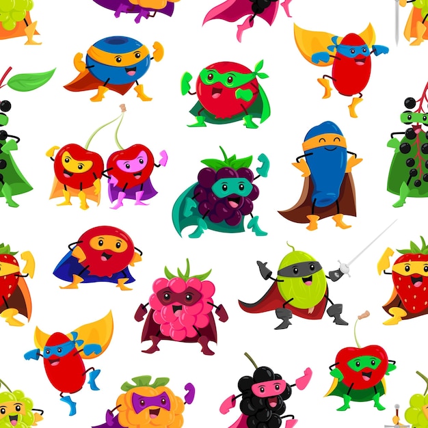 Cartoon berry superhero character seamless pattern