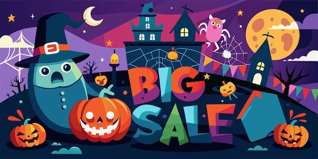 Cartoon big halloween sale with pumpkins and a ghost