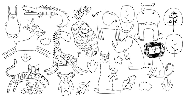 cartoon big set of cute doodle animals