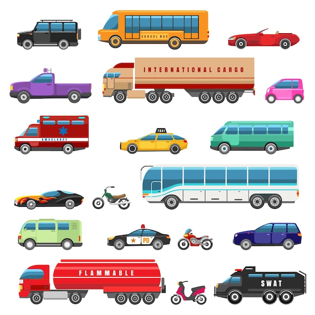 Cartoon bikes trucks and public transport Van and motorcycle taxi and electric hybrid car city veh