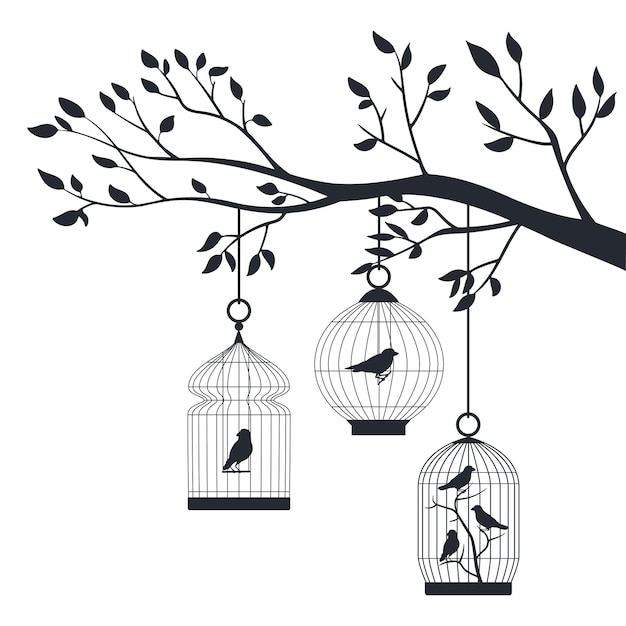 Vector cartoon bird cages on tree exotic birds in metal cages silhouettes decorative birds cage hanging on tree flat vector silhouette illustration bird cages