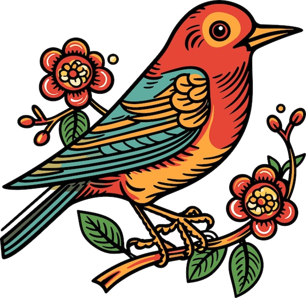 Cartoon bird colorfull vector illustration in oldschool tattoo style