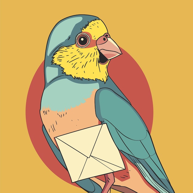 Vector cartoon bird holding envelope yellow blue parrot delivers mail avian messenger concept art bird