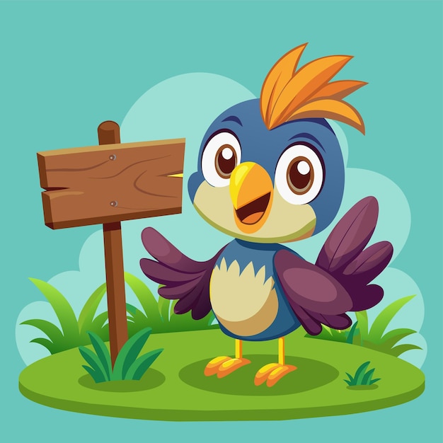 a cartoon bird stands next to a wooden sign that says  a wooden arrow