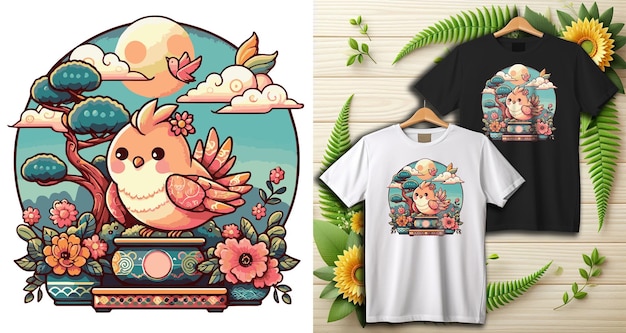 a cartoon bird wearing a kimono traditional japanese attire tshirt printing design vector