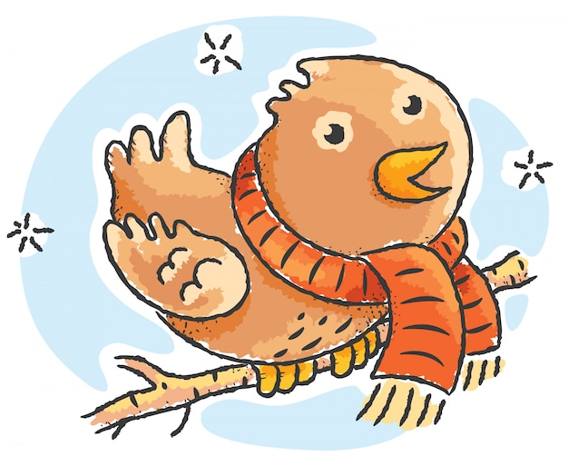 Cartoon bird wearing scarf on a winter day