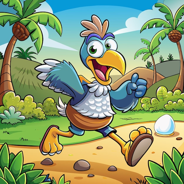 a cartoon of a bird with an egg in the background