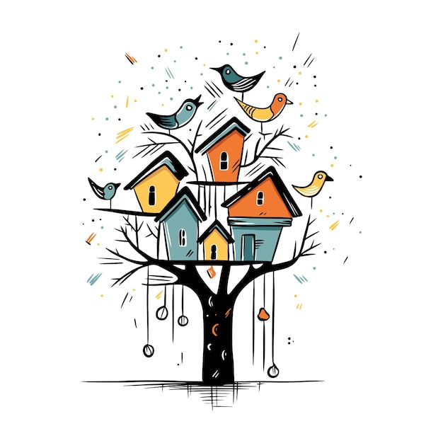 Cartoon birdhouse with birds in doodle style Vector illustration for design and decoration