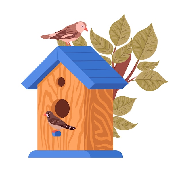 Cartoon birds nest Wooden hand crafted bird house bird house with feeder on oak tree flat vector illustration Nesting bird house