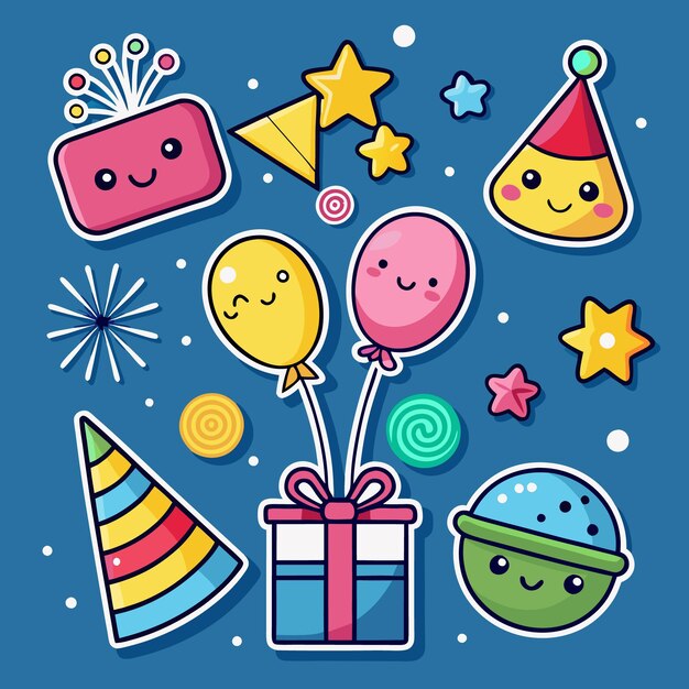 Vector a cartoon birthday illustration with a gift box balloons party hats stars and fireworks on a blue background