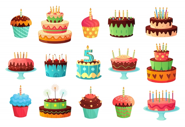 Cartoon birthday party cakes. Sweet baked cake, colourful cupcakes and celebration cakes  illustration set