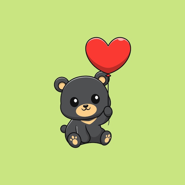 Cartoon black bear holding love balloon