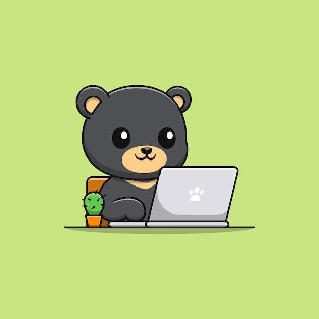 Cartoon black bear playing laptop