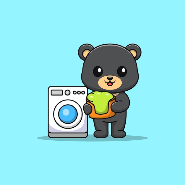 Cartoon black bear washing clothes