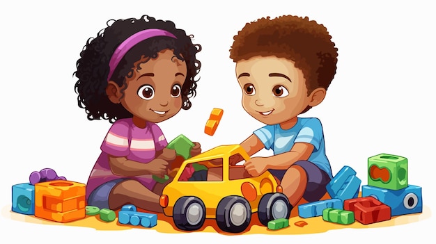 Vector cartoon black boy and white girl playing with toys