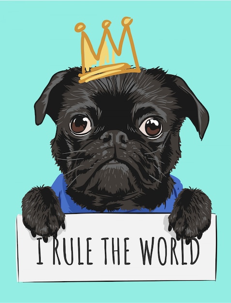 cartoon black dog holding sign and crown illustration