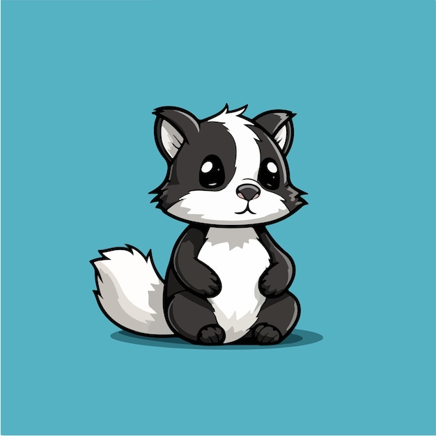 A cartoon of a black and white fox with a black tail sits on a blue background.