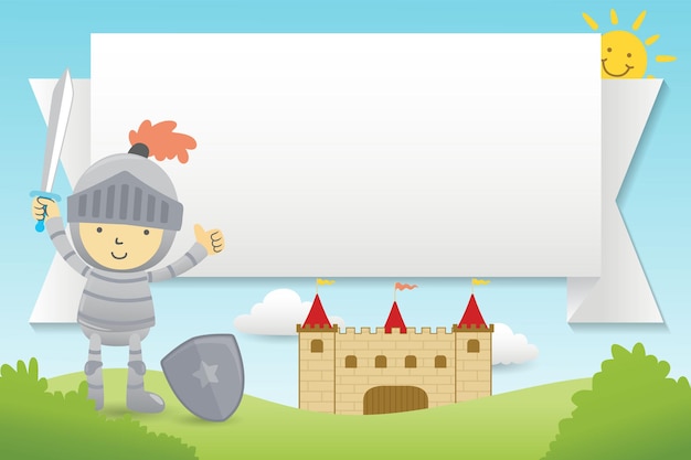 cartoon of blank empty   frame with little knight on castle