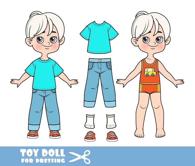 Cartoon blond boy dressed and clothes separately Tshirt blue jeans and sneakers doll for dressing