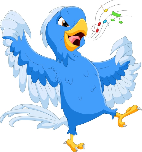 cartoon blue bird singing on white 