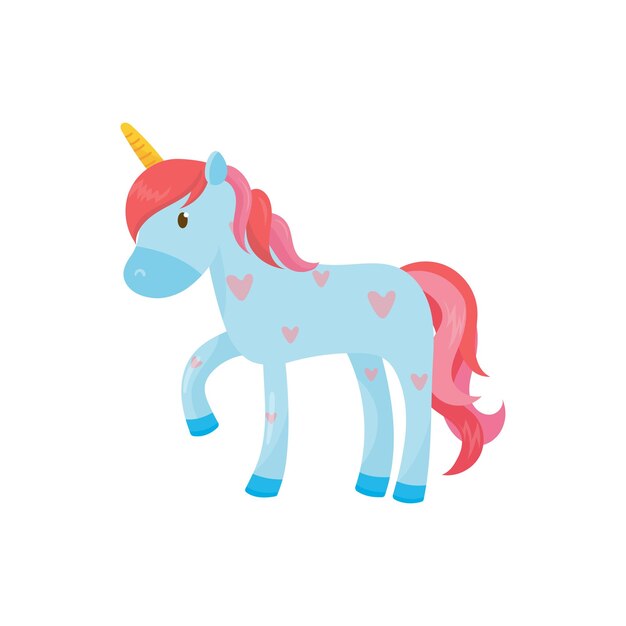 Cartoon blue Pegasus or unicorn Magical onehorned animal with pink mane and tail Beautiful imaginary creature Mythical fairy tale character Flat vector design