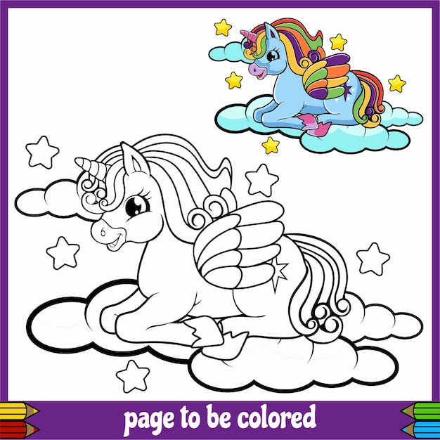 Cartoon blue unicorn sitting in the cloud