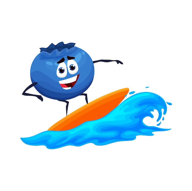 Cartoon blueberry character on surfboard at sea