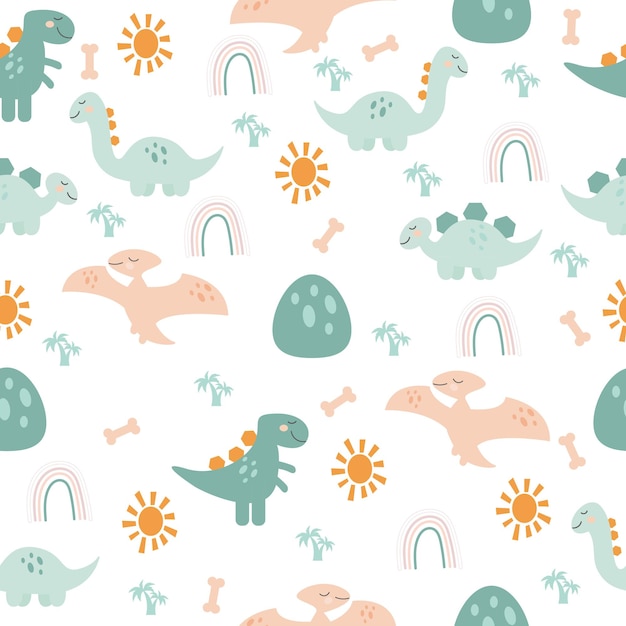 Cartoon boho seamless dinosaur pattern Vector illustration