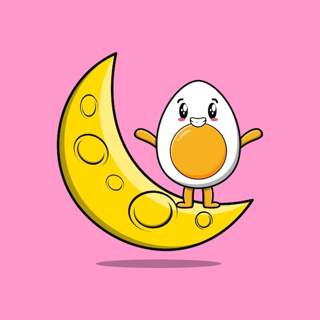 Cartoon Boiled egg standing on the crescent moon