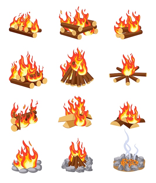 Cartoon bonfire. Summer campfires flame with firewood. Burning stacked wood. Flat gaming camping isolated set.