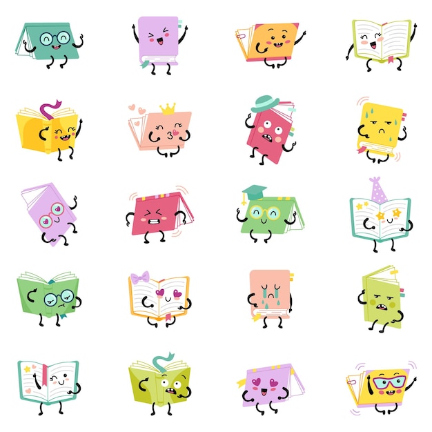 Cartoon book characters with different emotions Set of book smiley faces mascots cute emoji