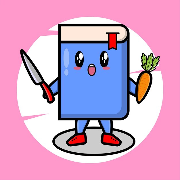 Cartoon book mascot holding knife and carrot in cute style for tshirt sticker logo element