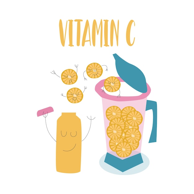 A cartoon of a bottle of vitamin c with a jar of oranges.