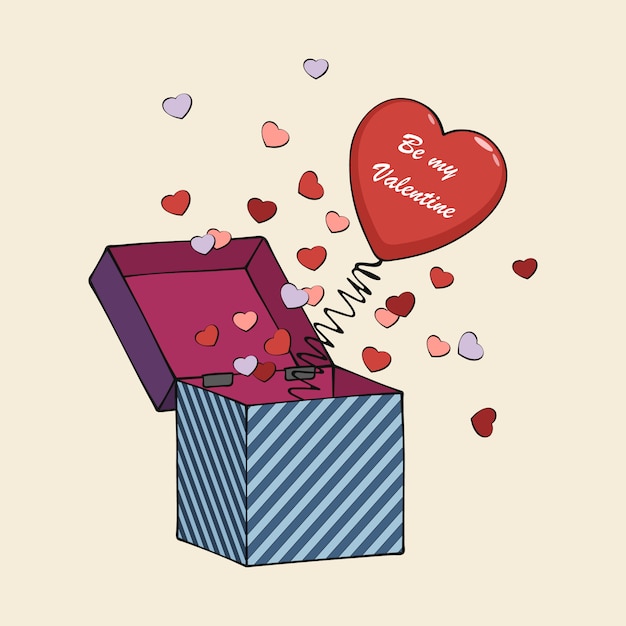 Vector cartoon box with spring and hearts.