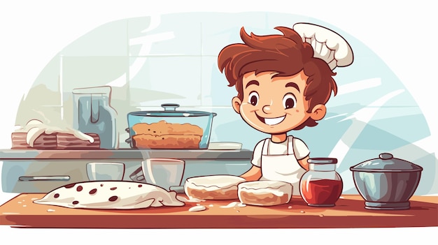 Vector cartoon boy baking and cooking as a chef in the kitchen