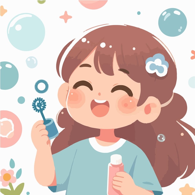 Cartoon boy blowing soap bubbles