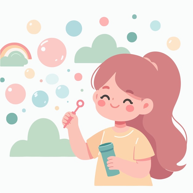 Vector cartoon boy blowing soap bubbles