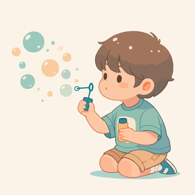 Cartoon boy blowing soap bubbles