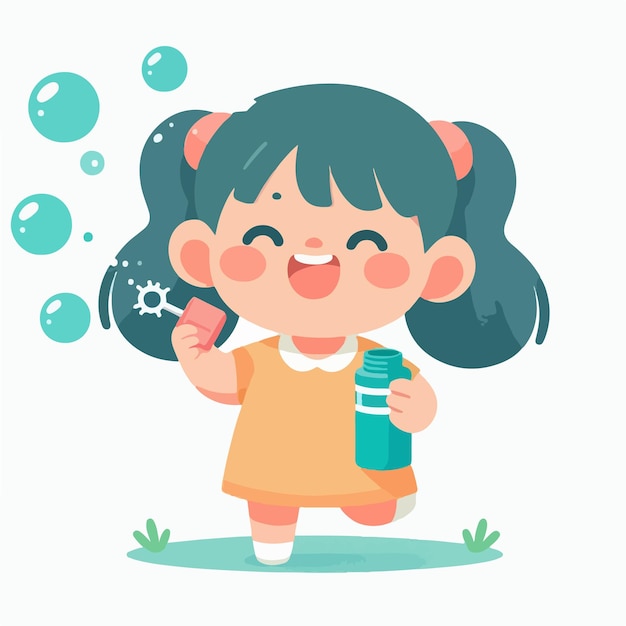 Vector cartoon boy blowing soap bubbles